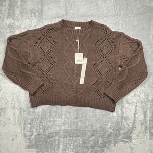 a.n.a Cable Knit Sweater Women Large Brown Pointelle Diamond Crewneck NWT